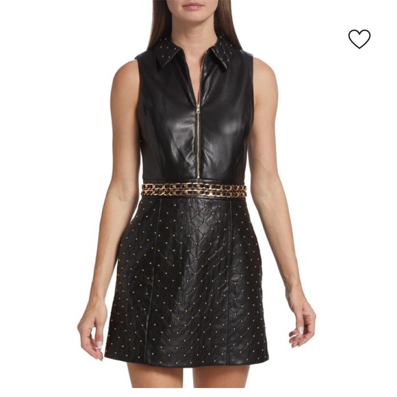 Alice + Olivia Black Leather Mini Dress with Gold Details - Picture 2 of 7